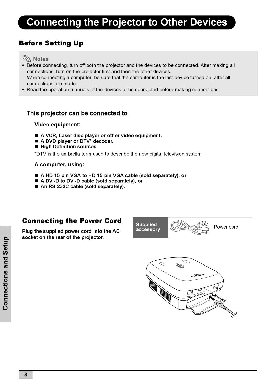 Planar PD7150, PD7130 Connecting the Projector to Other Devices, Before Setting Up, Video equipment, Computer, using 