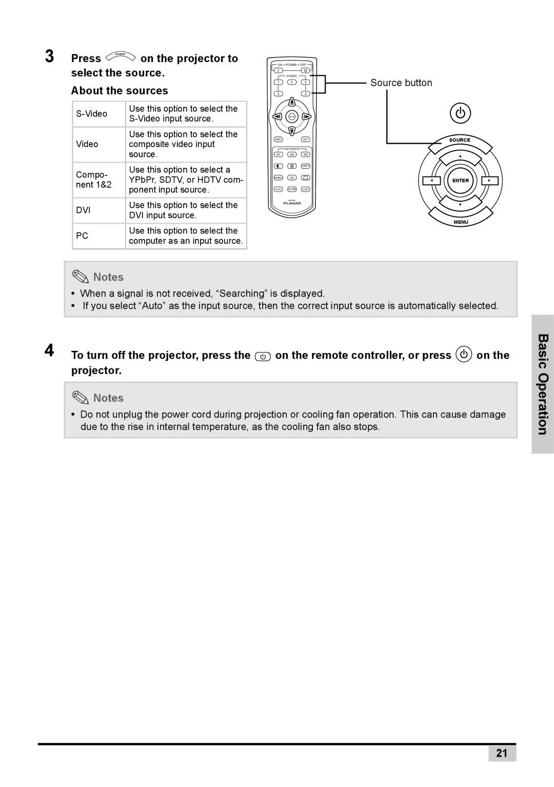 Planar PD7130, PD7150 user manual Press, On the projector to, Select the source. About the sources 