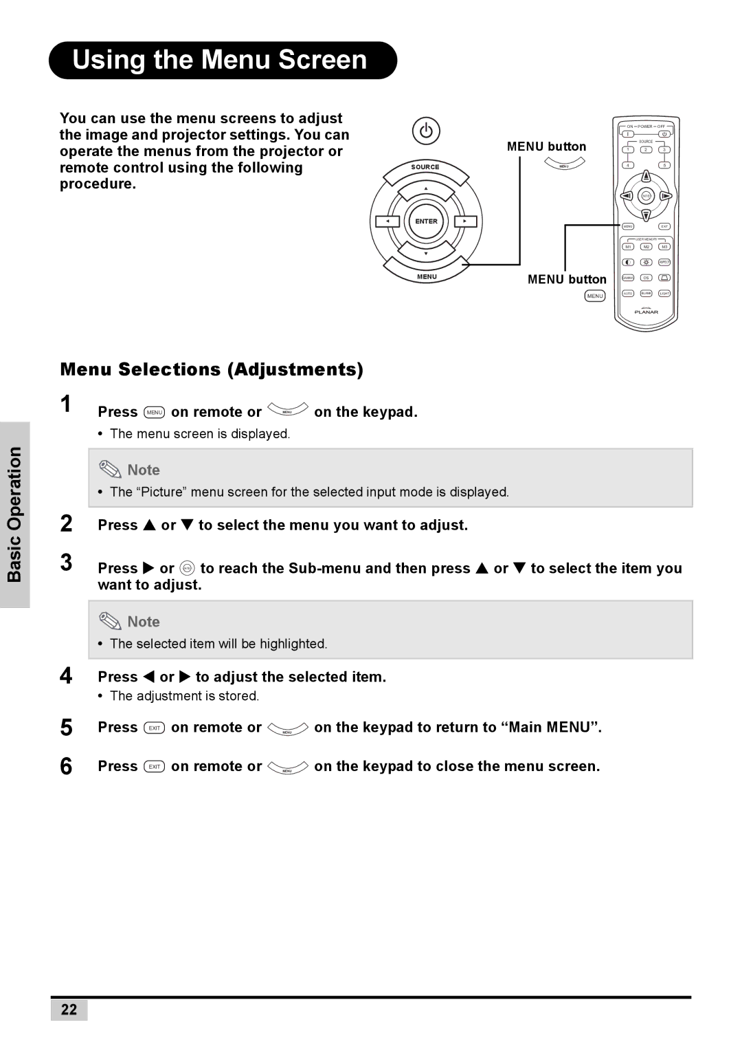 Planar PD7150, PD7130 user manual Using the Menu Screen, Basic Operation Menu Selections Adjustments 