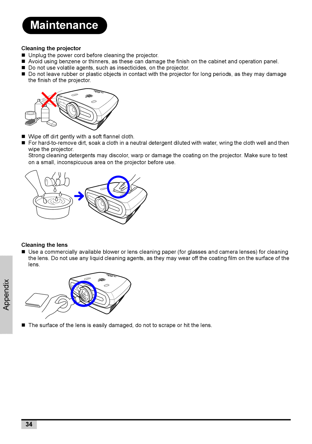 Planar PD7150, PD7130 user manual Maintenance, Cleaning the projector, Cleaning the lens 