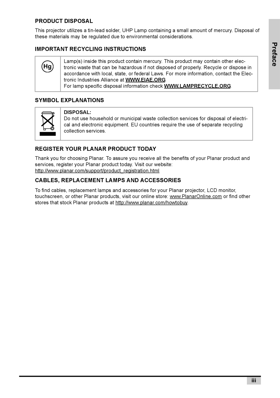 Planar PD7130, PD7150 user manual Product Disposal, Iii 