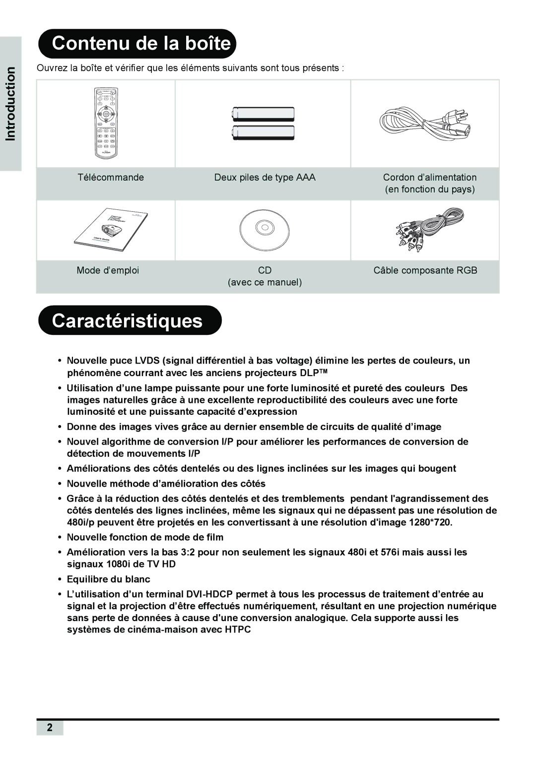 Planar PD7150 manual Contenu de la boîte, Caractéristiques 