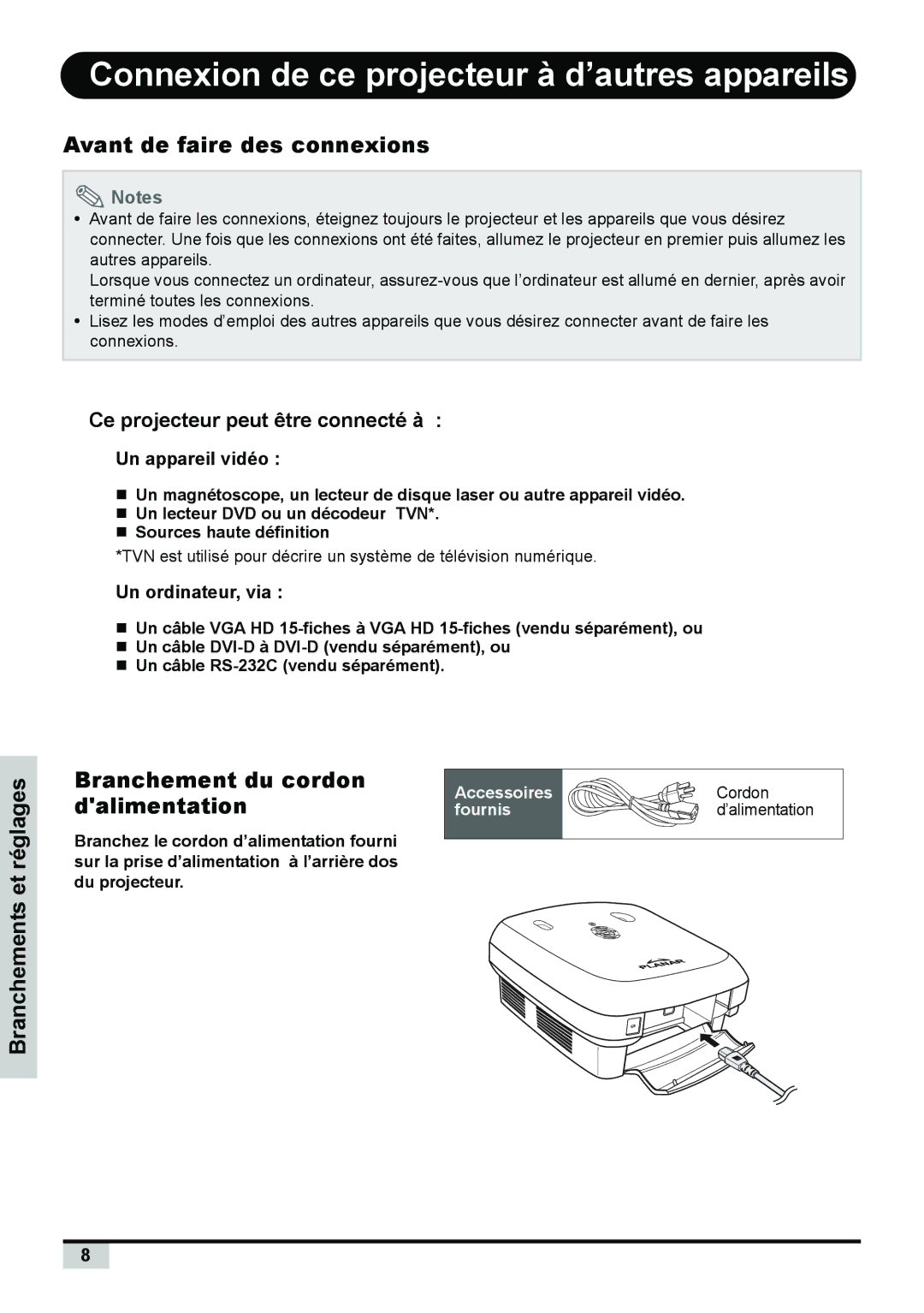 Planar PD7150 manual Connexion de ce projecteur à d’autres appareils, Avant de faire des connexions, Un appareil vidéo 