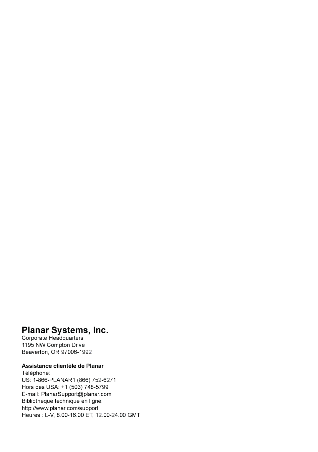 Planar PD7150 manual Planar Systems, Inc, Assistance clientèle de Planar 