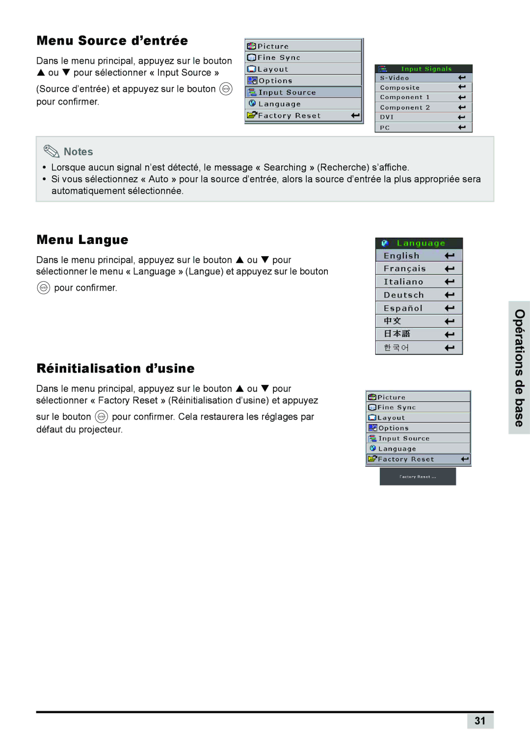 Planar PD7150 manual Menu Source d’entrée, Menu Langue, Réinitialisation d’usine 