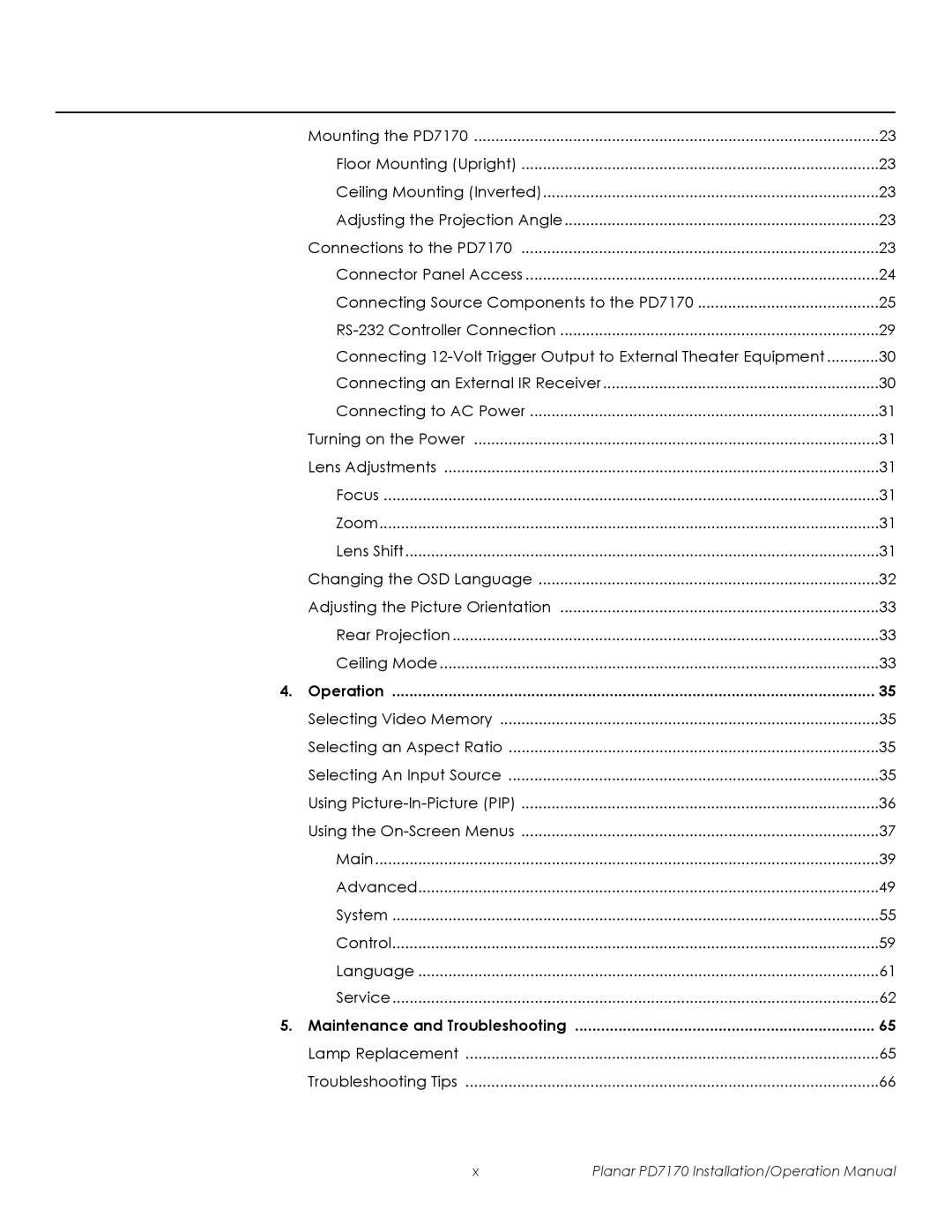 Planar PD7170 operation manual Operation, Maintenance and Troubleshooting 