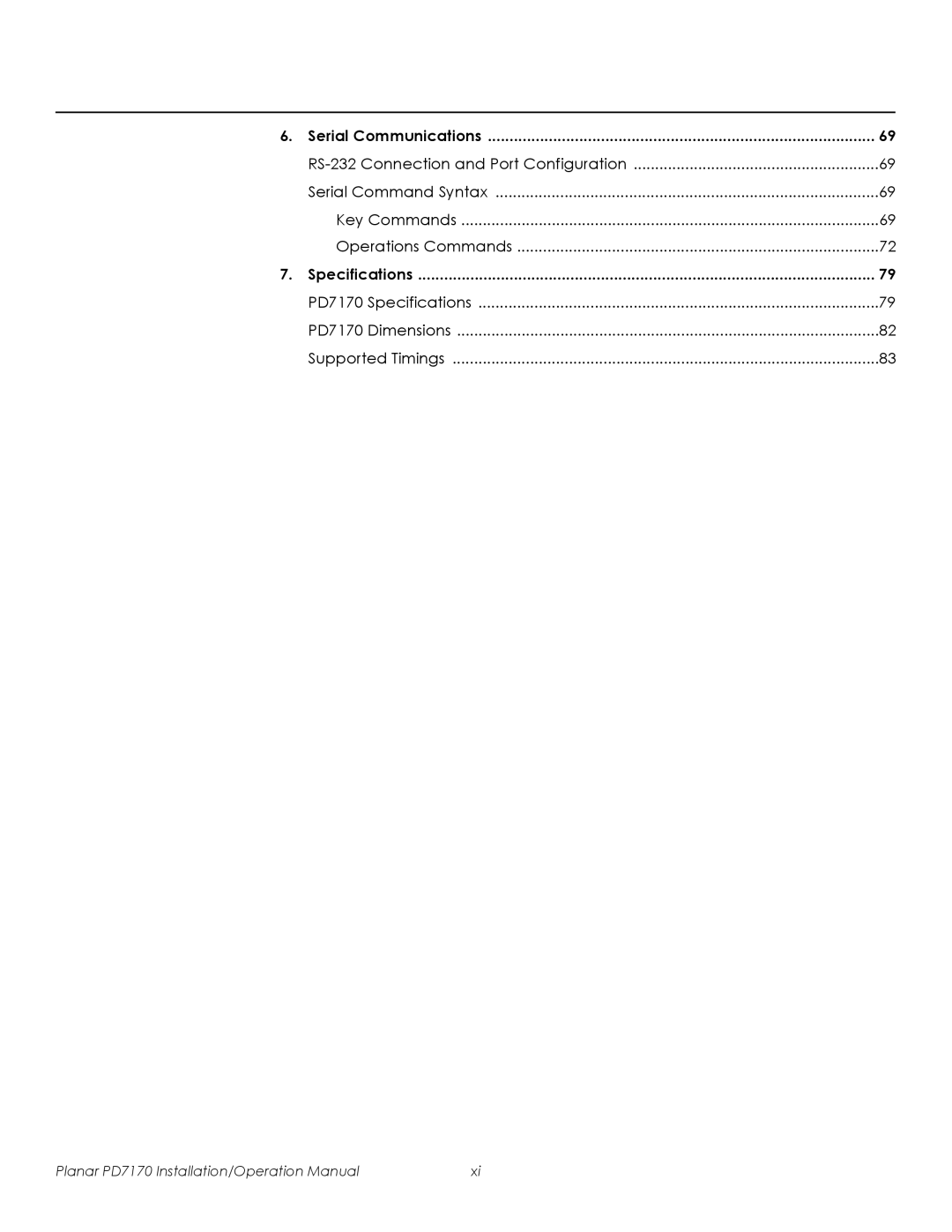 Planar PD7170 operation manual Serial Communications, Specifications 