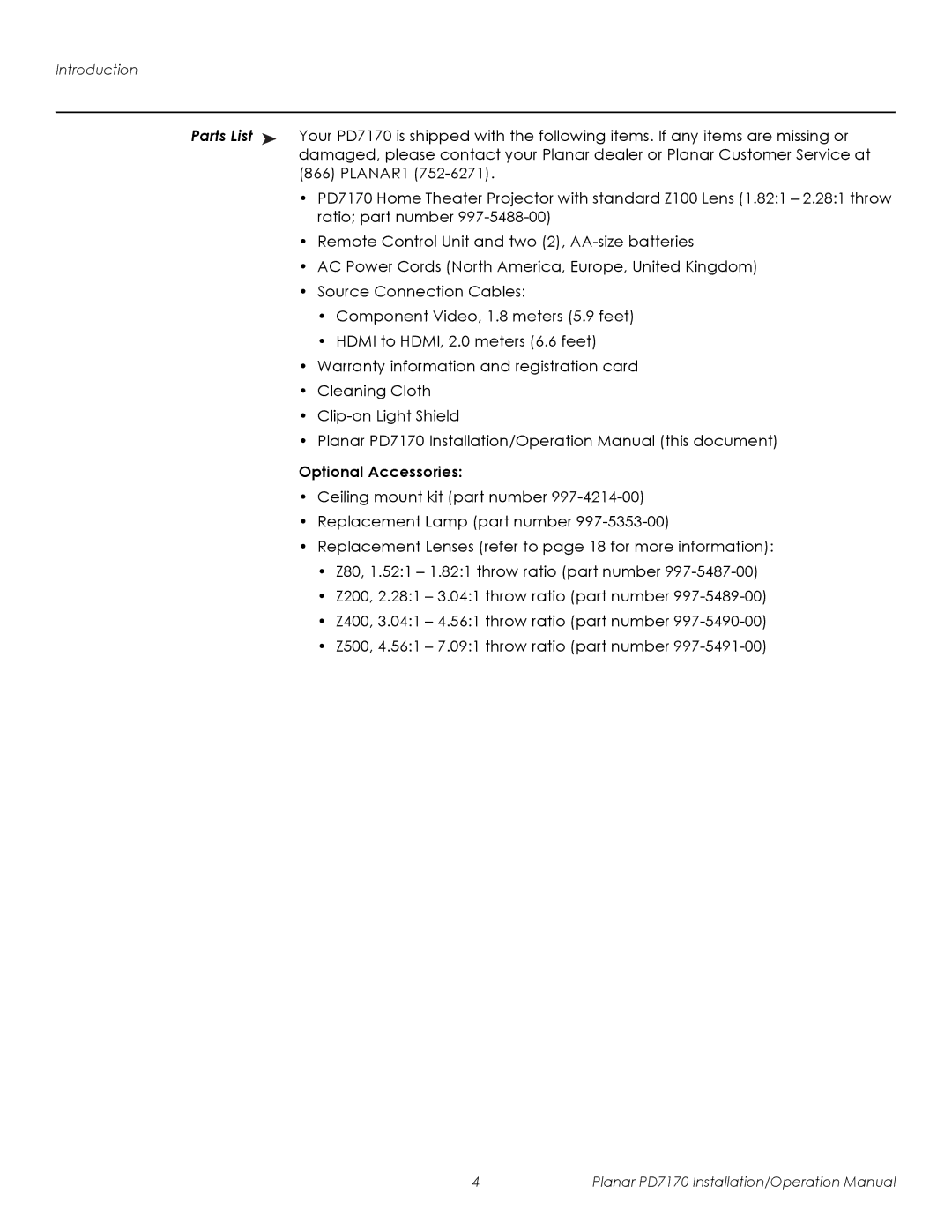 Planar PD7170 operation manual Parts List, Optional Accessories 