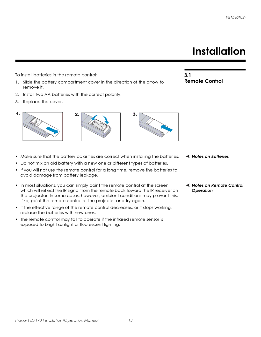 Planar PD7170 operation manual Installation, Remote Control, Operation 