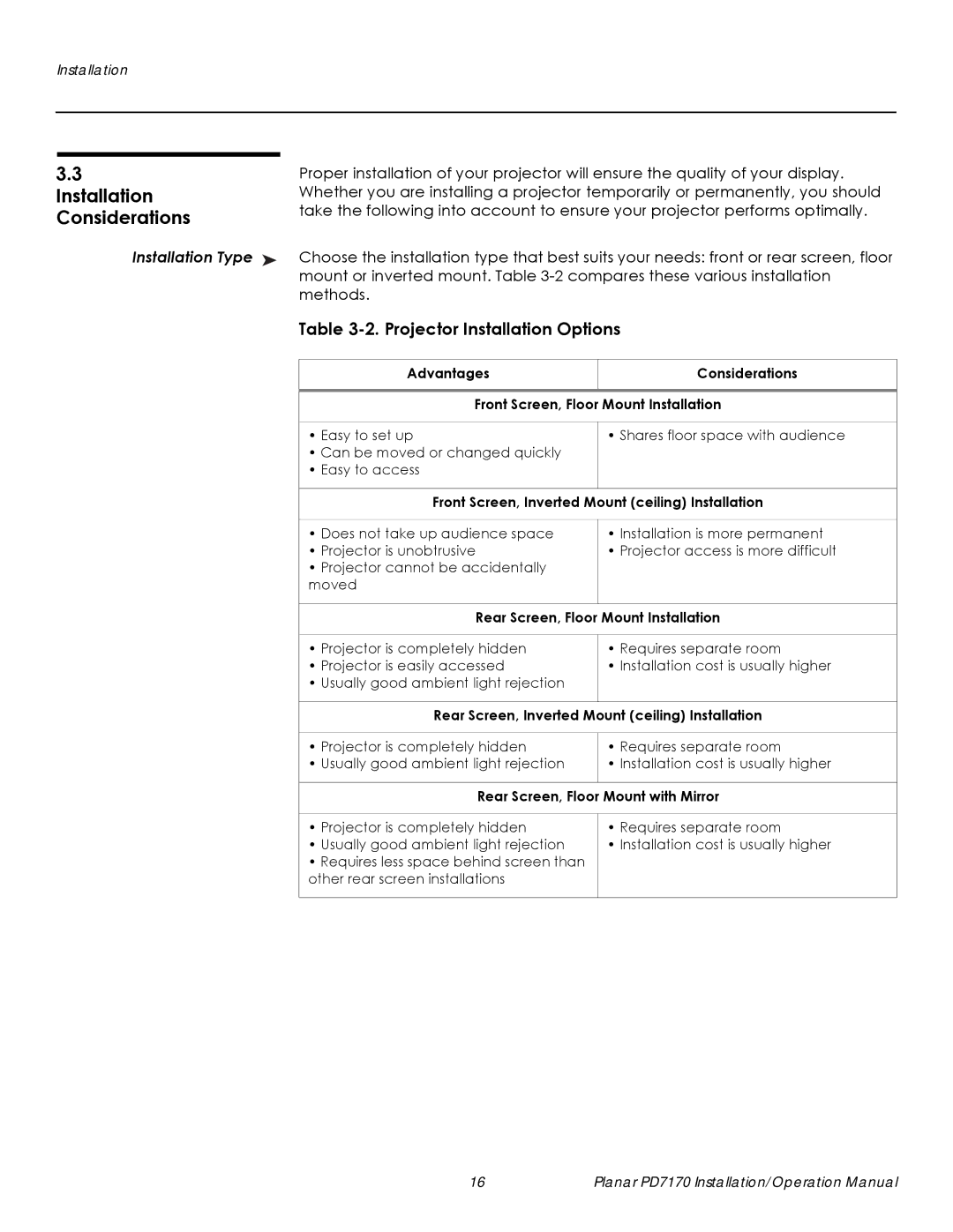 Planar PD7170 operation manual Considerations, Projector Installation Options, Installation Type 