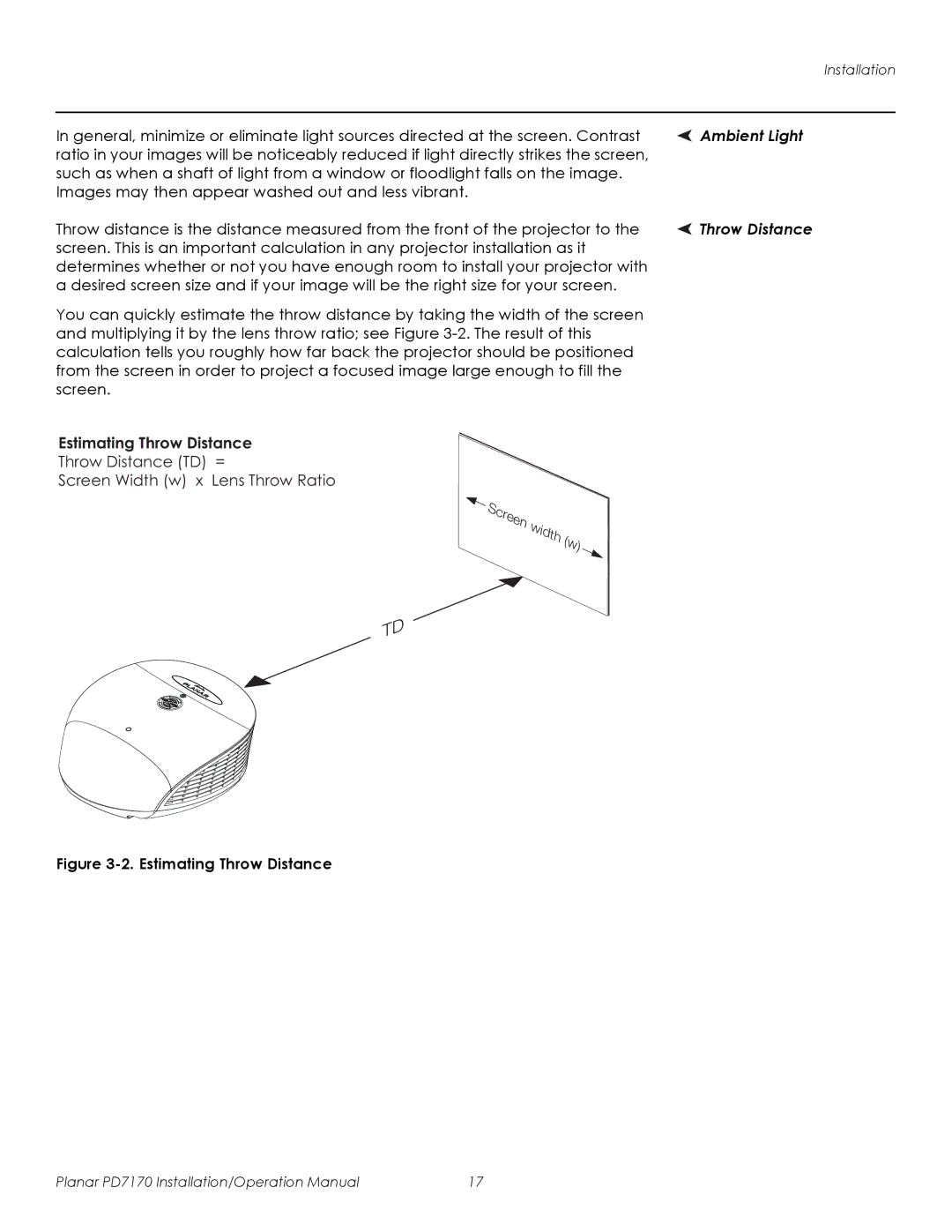 Planar PD7170 operation manual Ambient Light, Throw Distance 