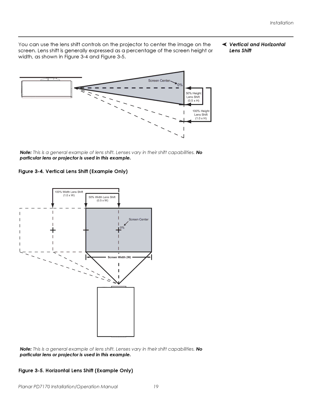 Planar PD7170 operation manual Lens Shift, Width, as shown in -4 and Figure 