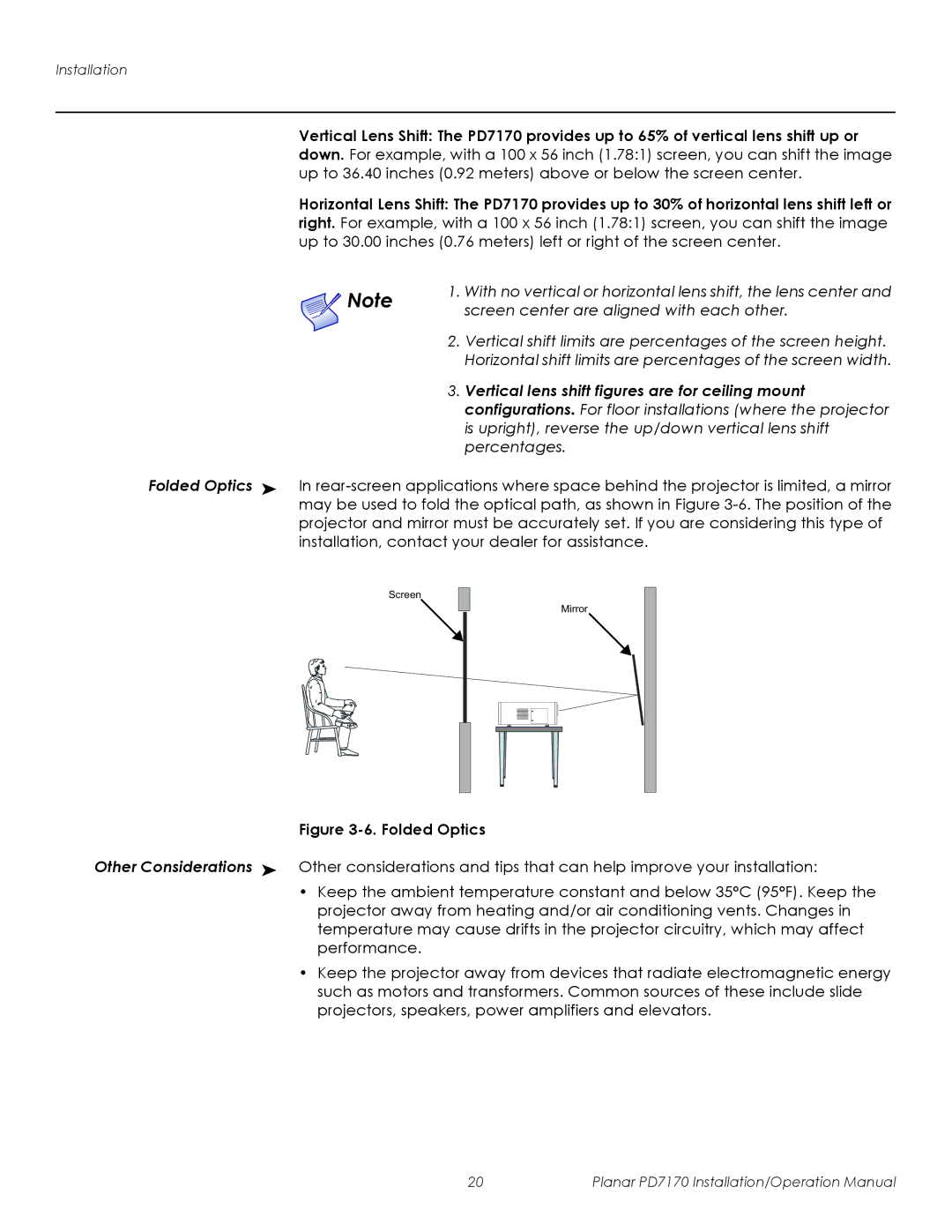 Planar PD7170 operation manual Vertical lens shift figures are for ceiling mount, Folded Optics 