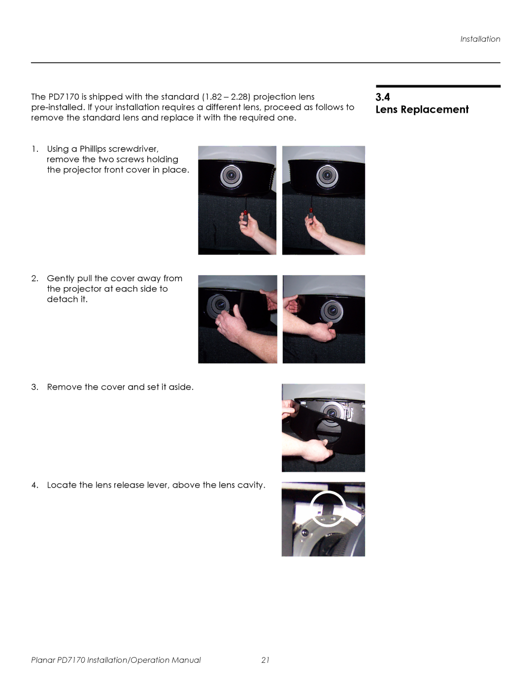 Planar PD7170 operation manual Lens Replacement 