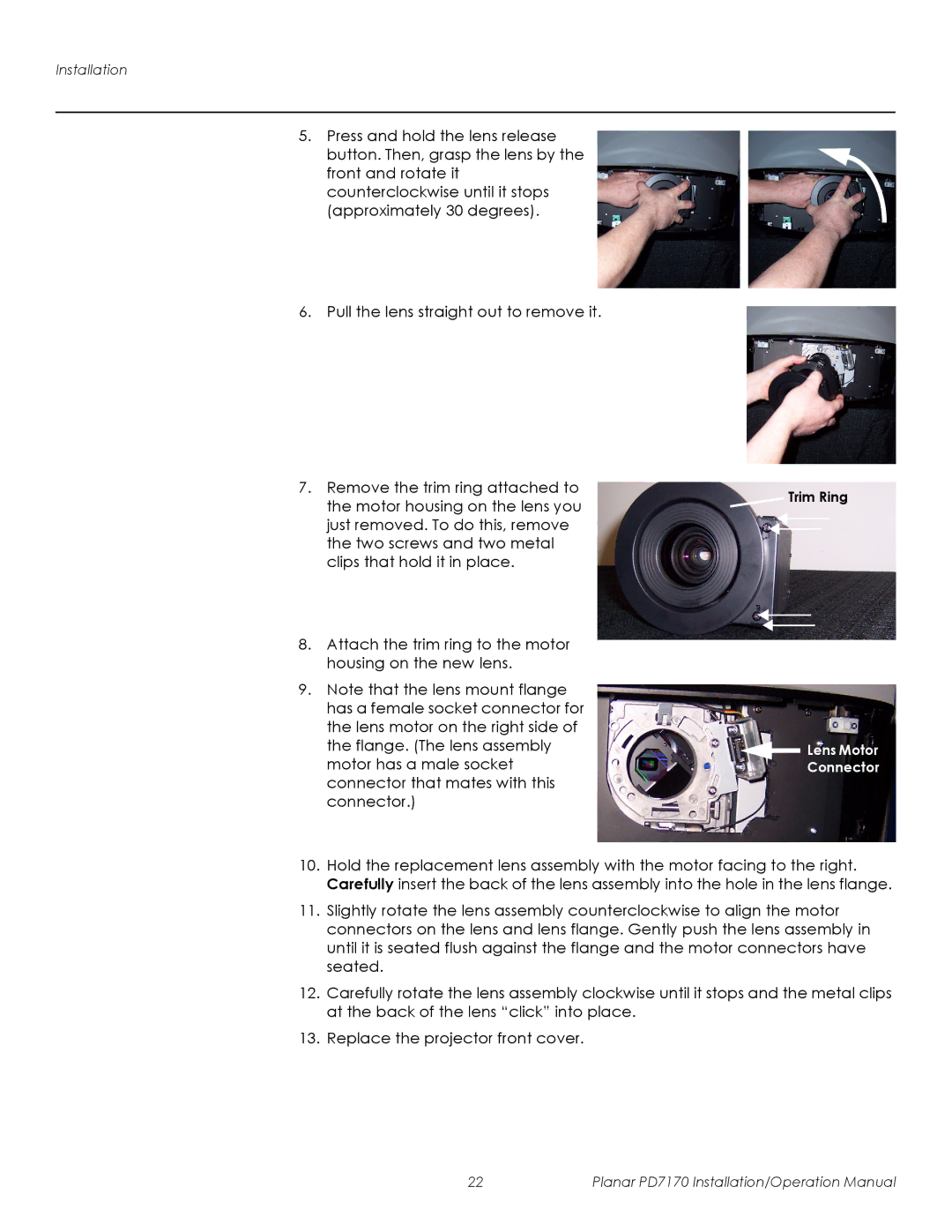 Planar PD7170 operation manual Trim Ring, Lens Motor Connector 