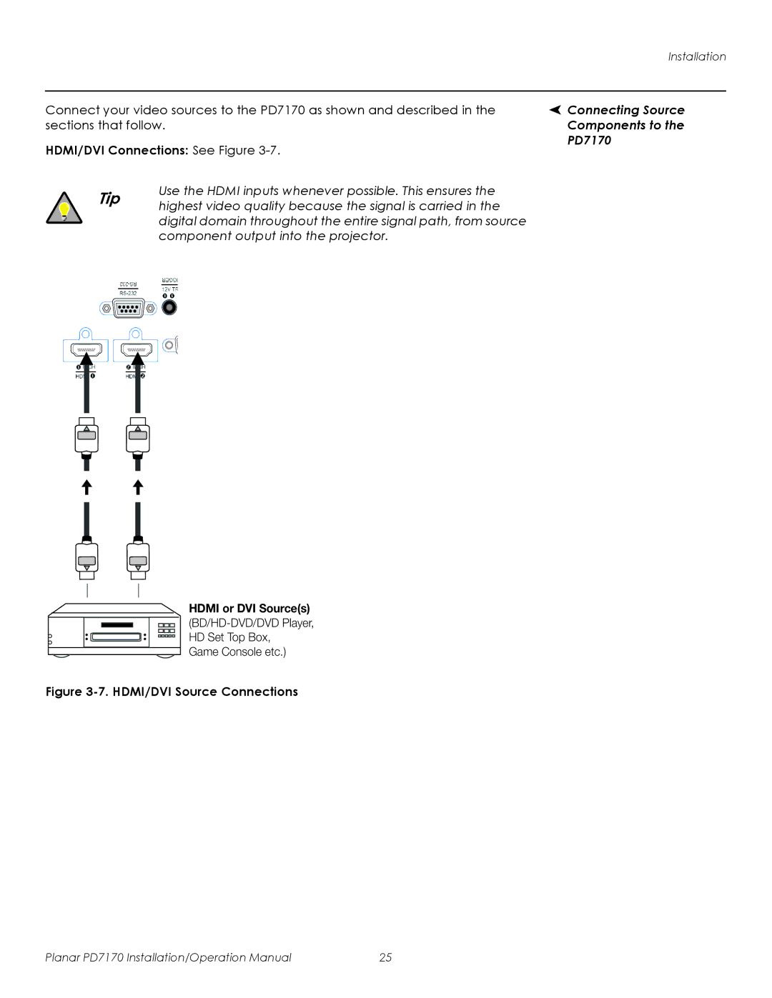 Planar PD7170 Use the Hdmi inputs whenever possible. This ensures, Highest video quality because the signal is carried 