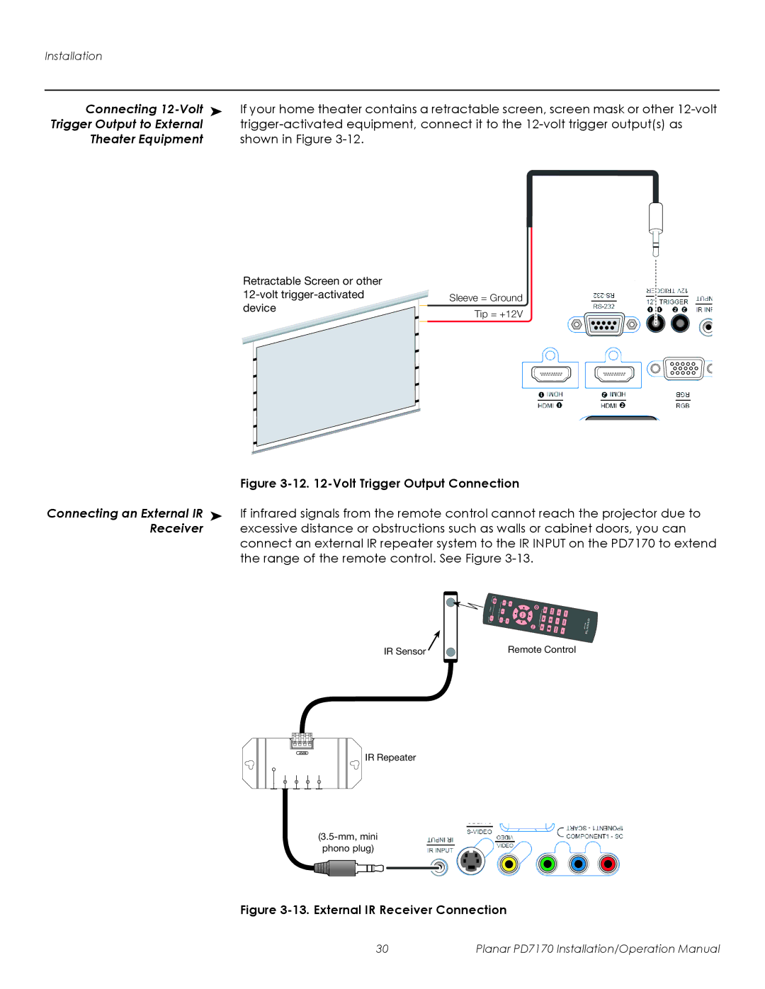 Planar PD7170 Connecting 12-Volt, Trigger Output to External, Theater Equipment, Connecting an External IR, Receiver 