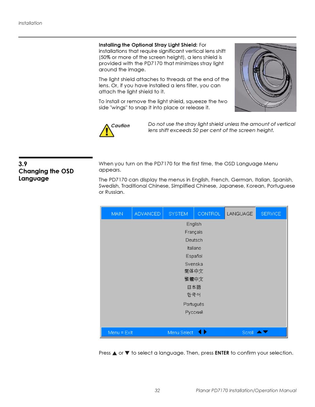 Planar PD7170 operation manual Changing the OSD Language, Lens shift exceeds 50 per cent of the screen height 