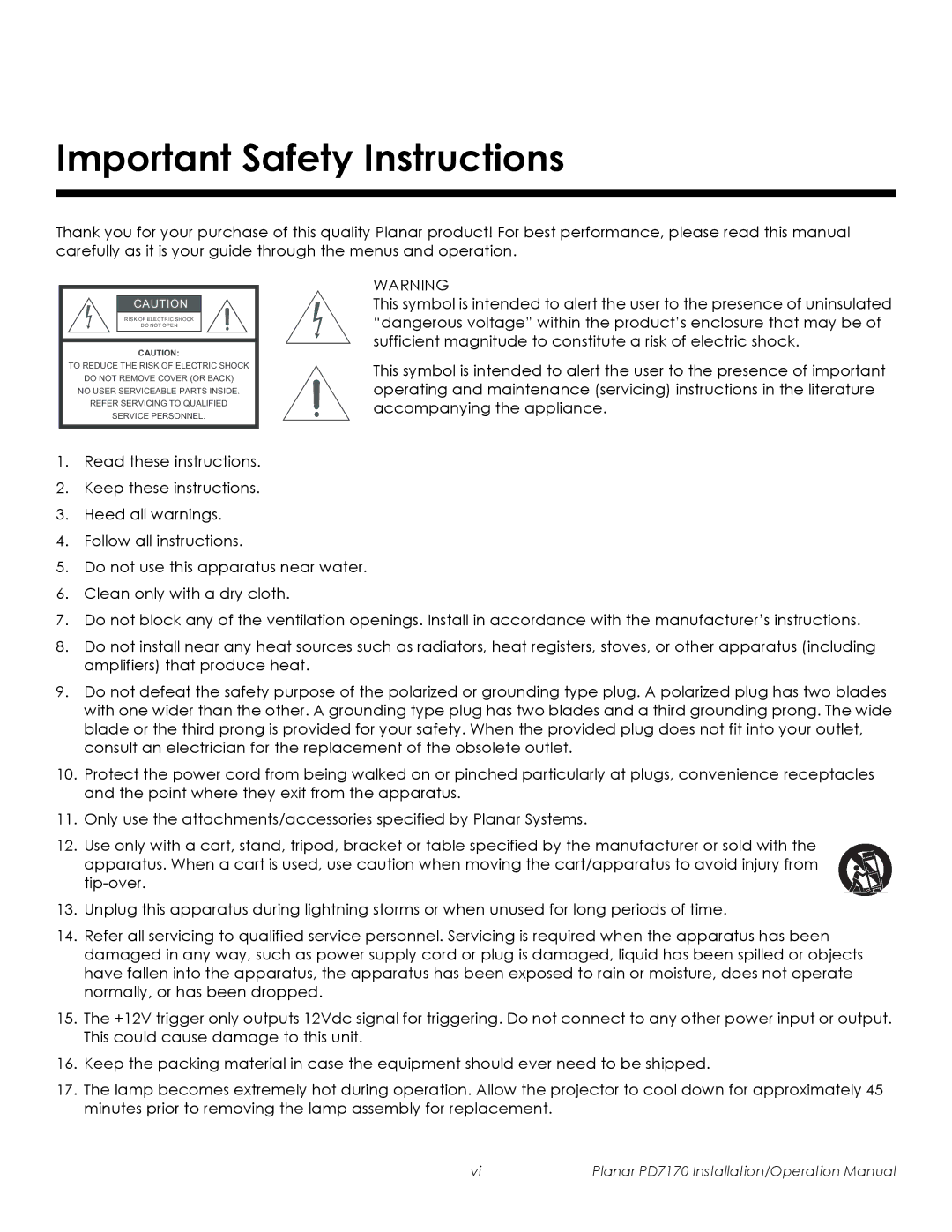 Planar PD7170 operation manual Important Safety Instructions 