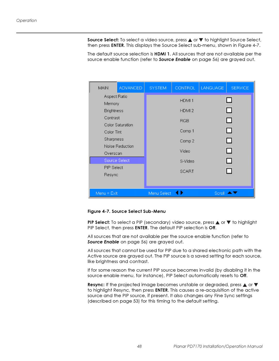 Planar PD7170 operation manual Source Select Sub-Menu 