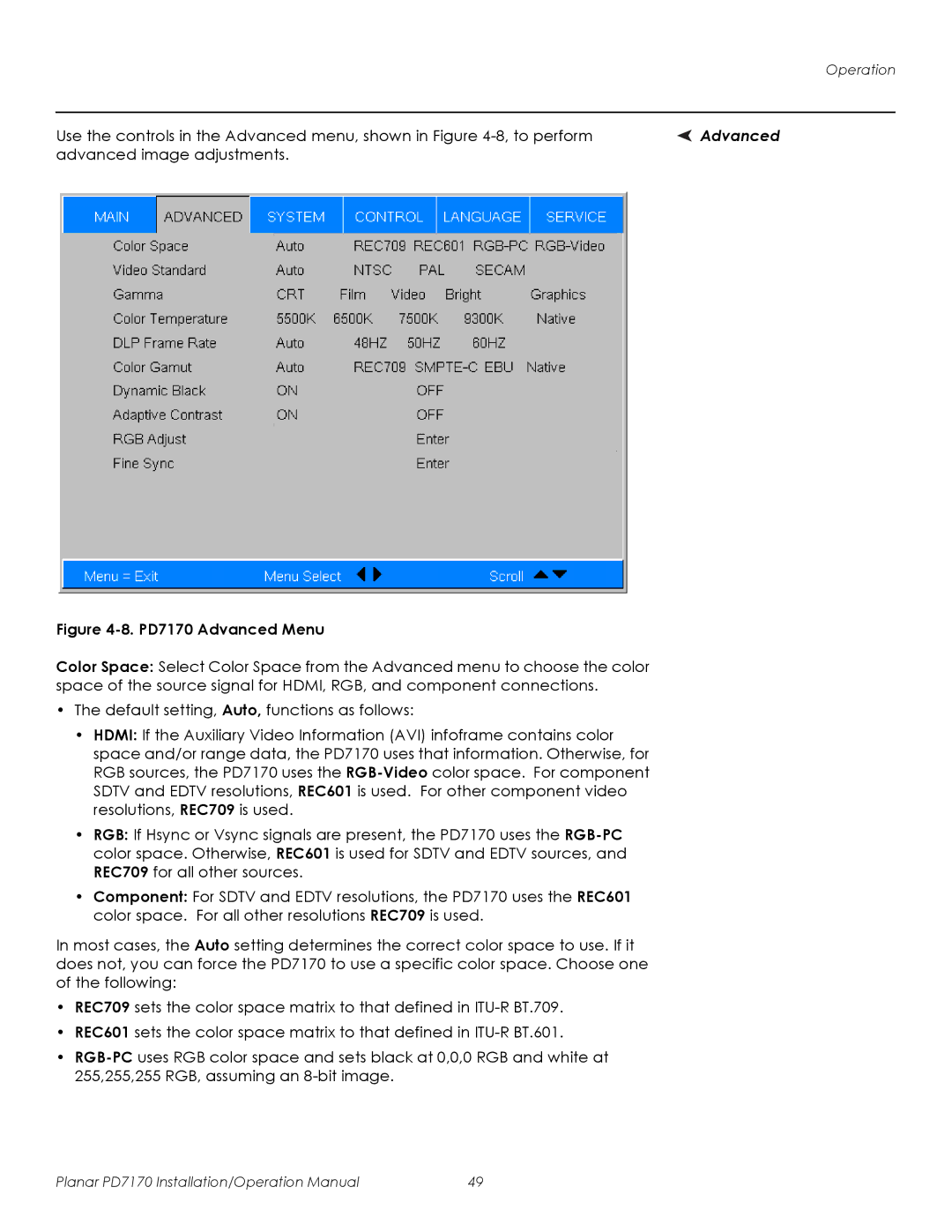 Planar operation manual PD7170 Advanced Menu 