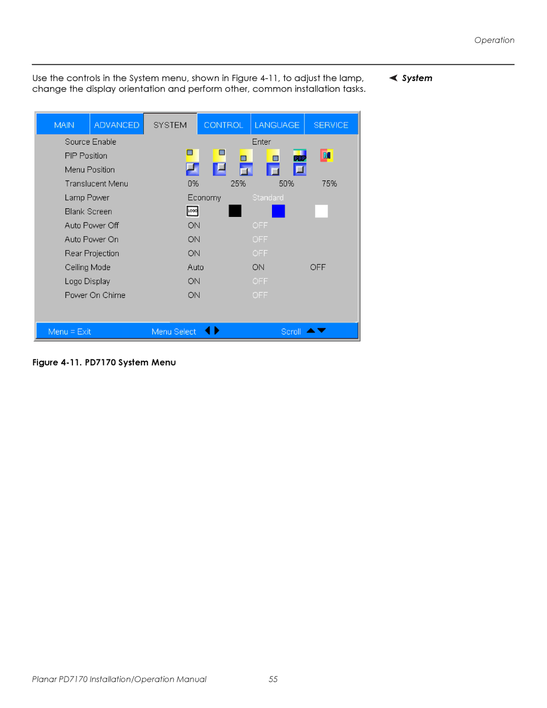 Planar operation manual 11. PD7170 System Menu 