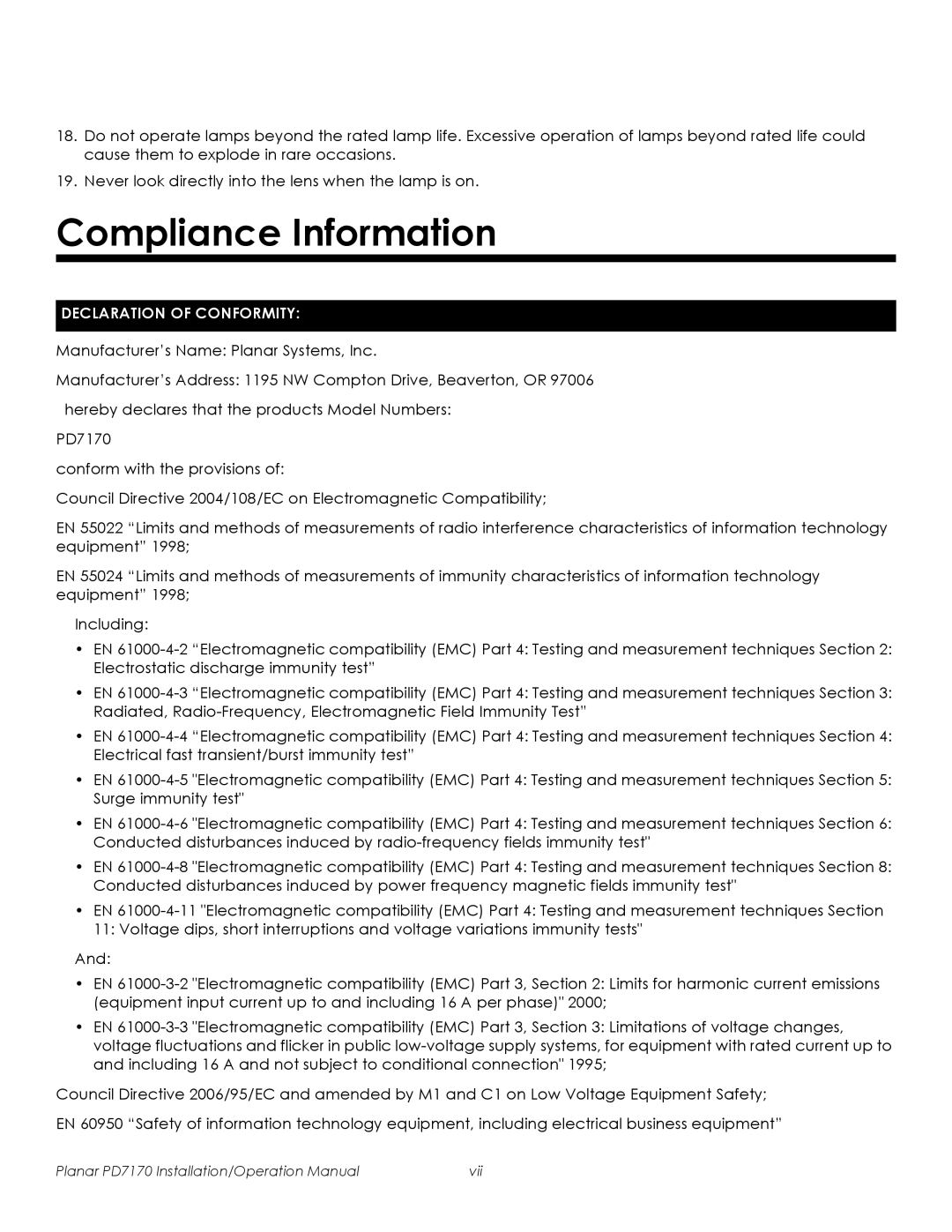 Planar PD7170 operation manual Compliance Information, Declaration of Conformity 