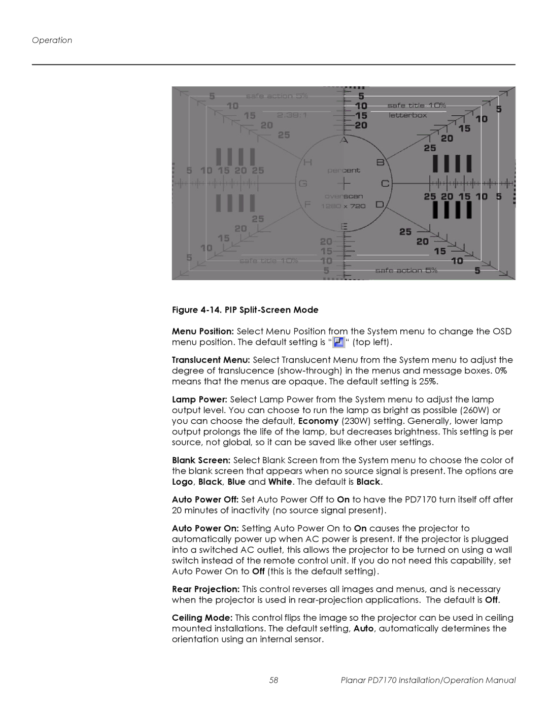 Planar PD7170 operation manual PIP Split-Screen Mode 