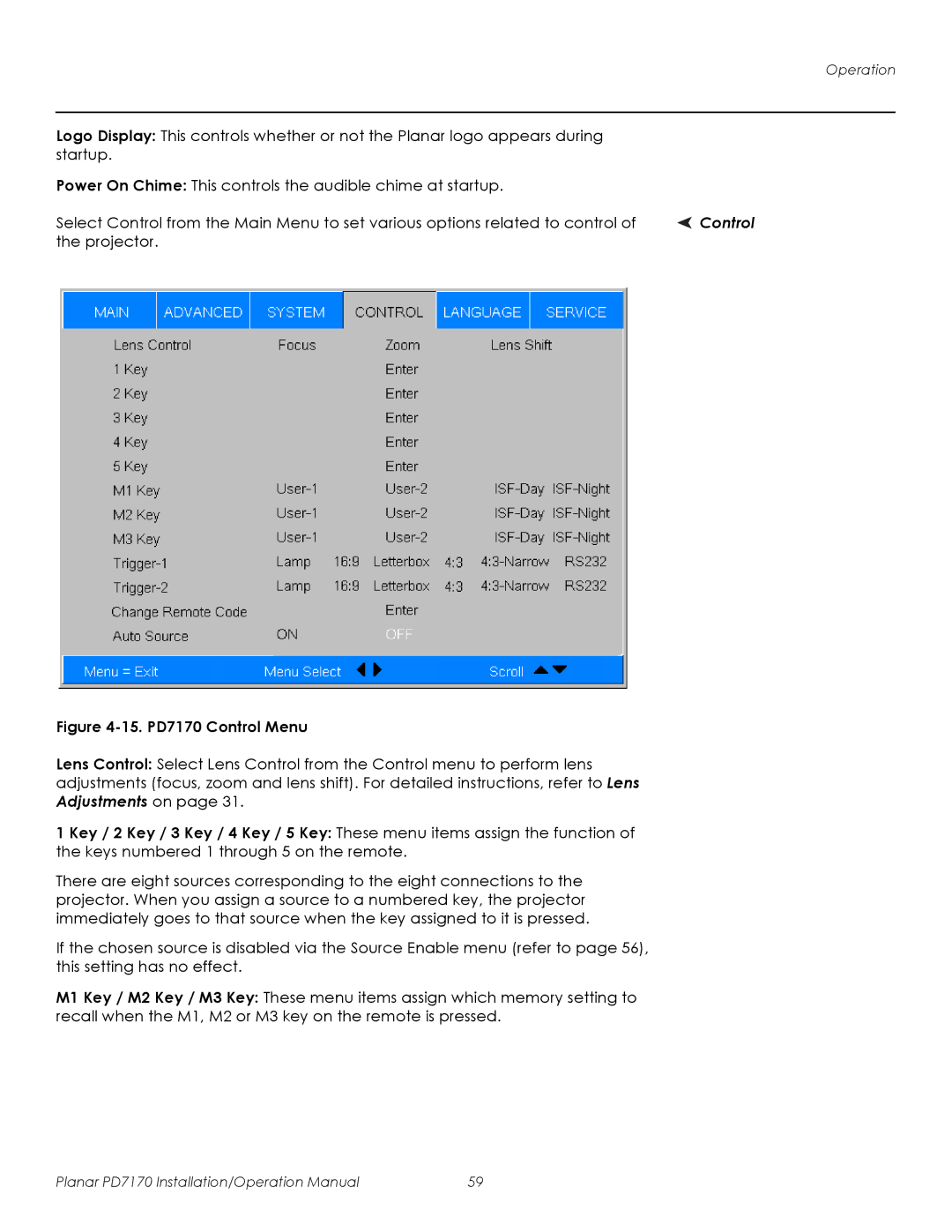 Planar operation manual 15. PD7170 Control Menu 