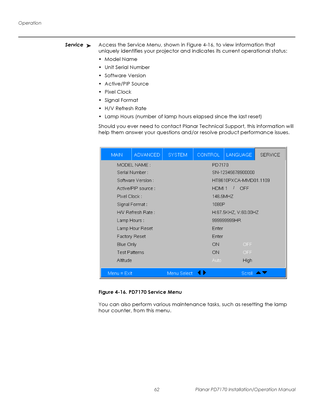 Planar operation manual 16. PD7170 Service Menu 