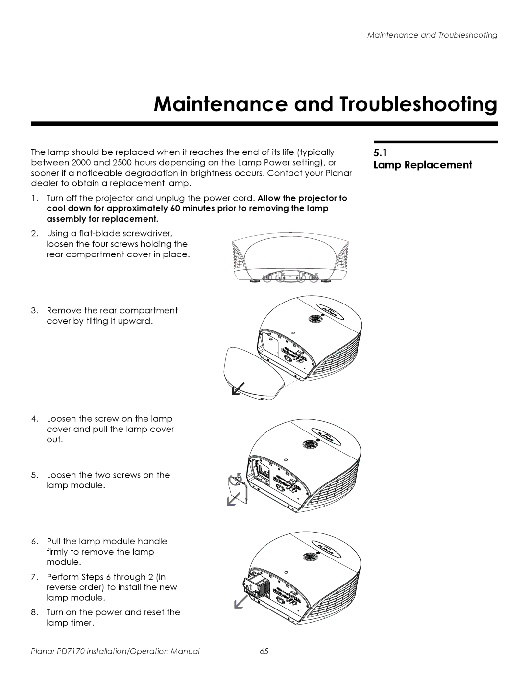 Planar PD7170 operation manual Maintenance and Troubleshooting, Lamp Replacement 