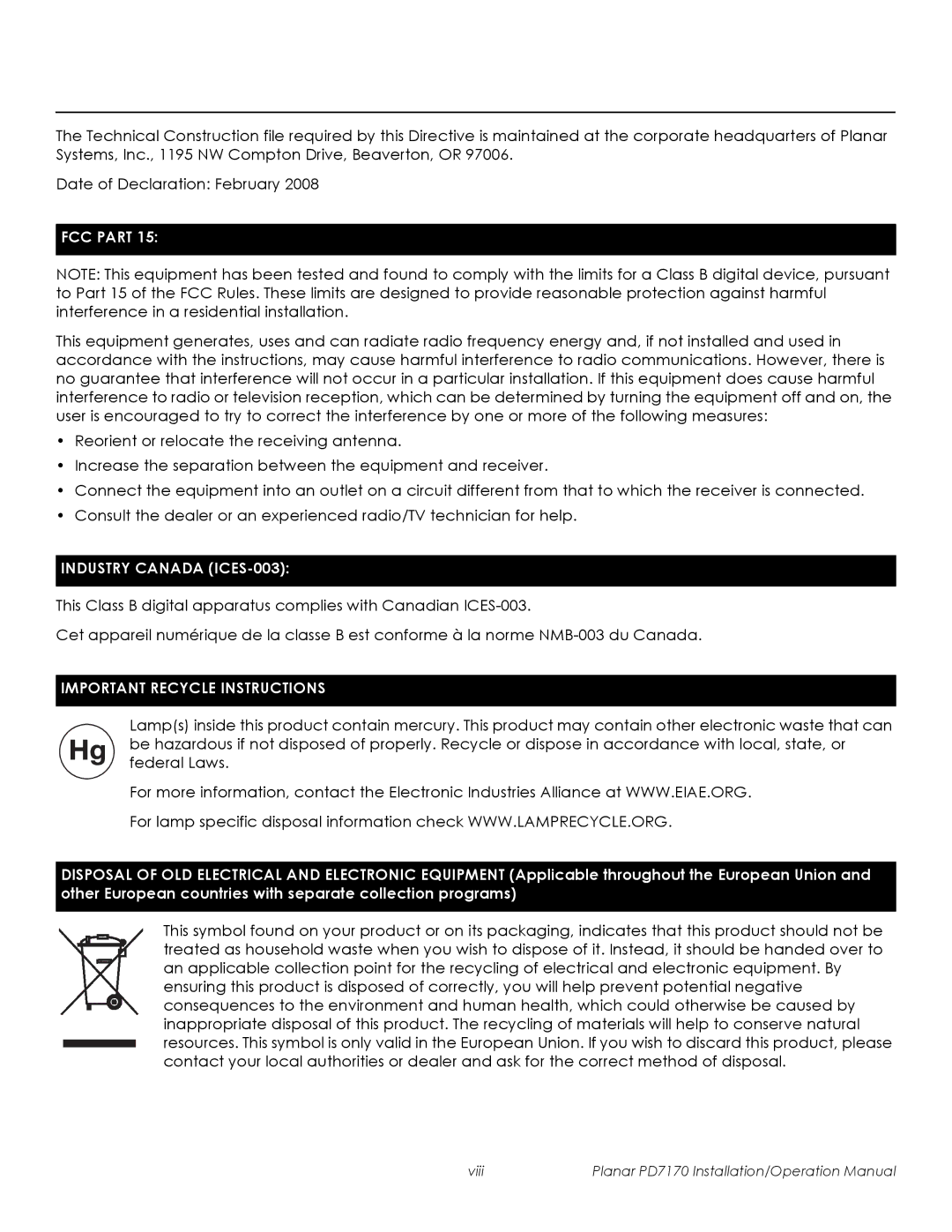 Planar PD7170 operation manual FCC Part 