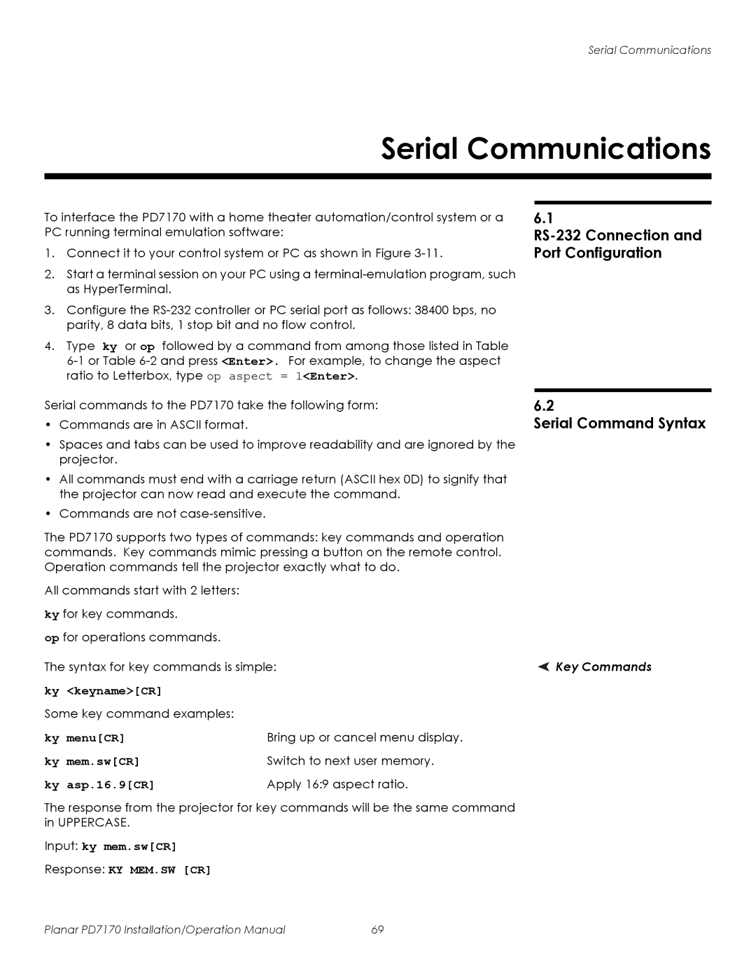 Planar PD7170 operation manual Serial Communications, Key Commands 