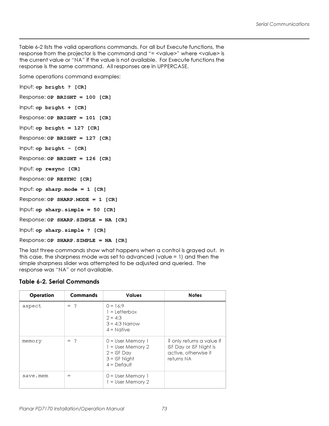 Planar PD7170 operation manual Serial Commands, Values 