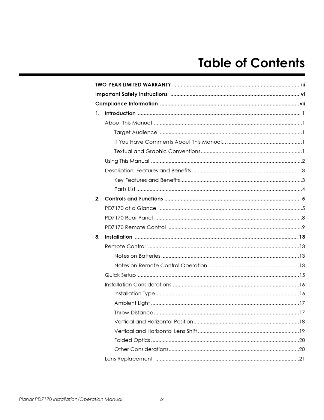 Planar PD7170 operation manual Table of Contents 