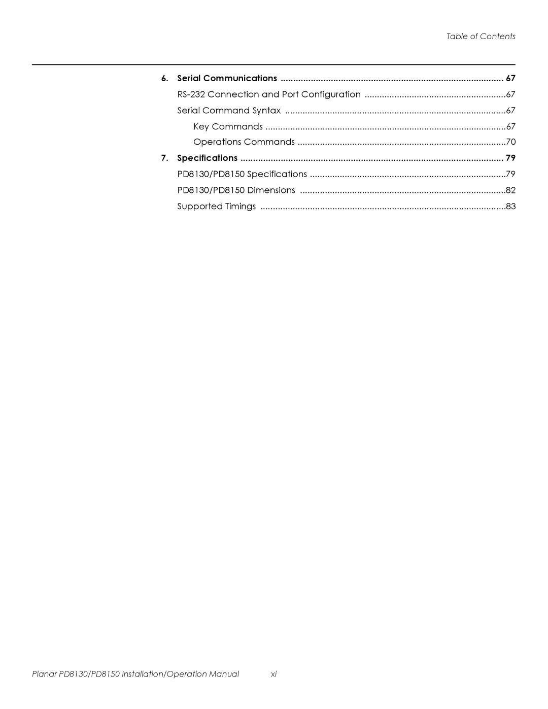 Planar PD8130, PD8150 operation manual Specifications 