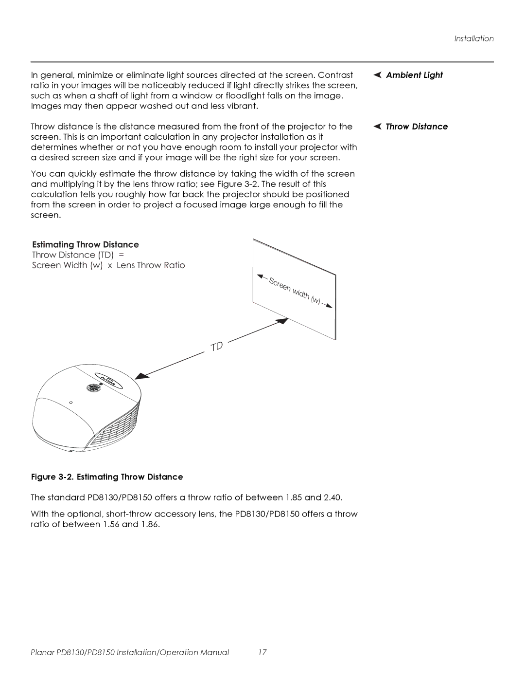 Planar PD8130, PD8150 operation manual Ambient Light, Estimating Throw Distance 