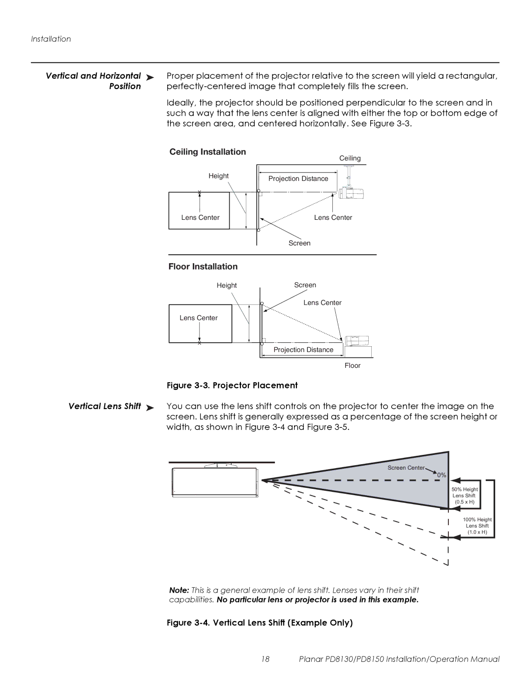 Planar PD8150, PD8130 operation manual Vertical and Horizontal, Position, Vertical Lens Shift 