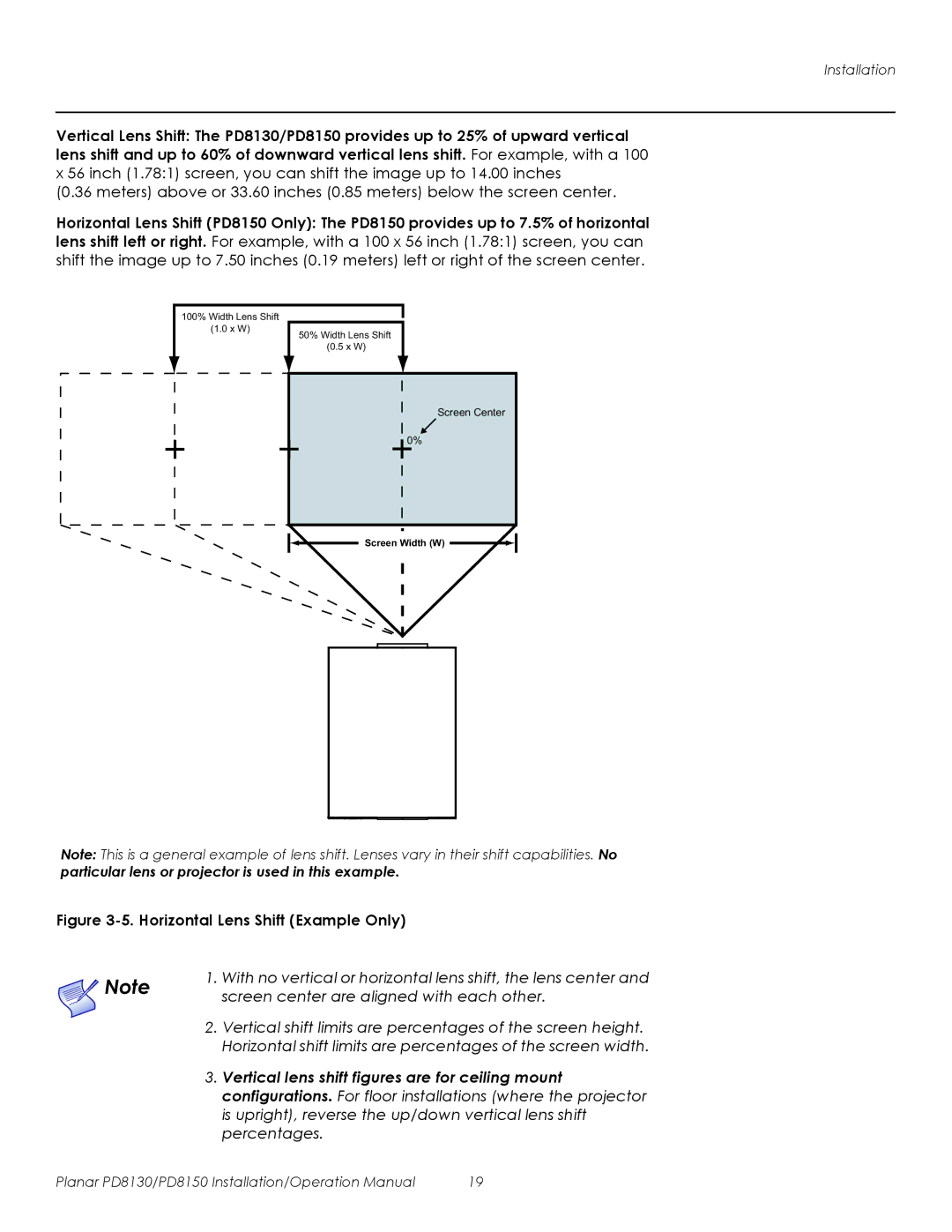 Planar PD8130, PD8150 operation manual Horizontal Lens Shift Example Only, Vertical lens shift figures are for ceiling mount 