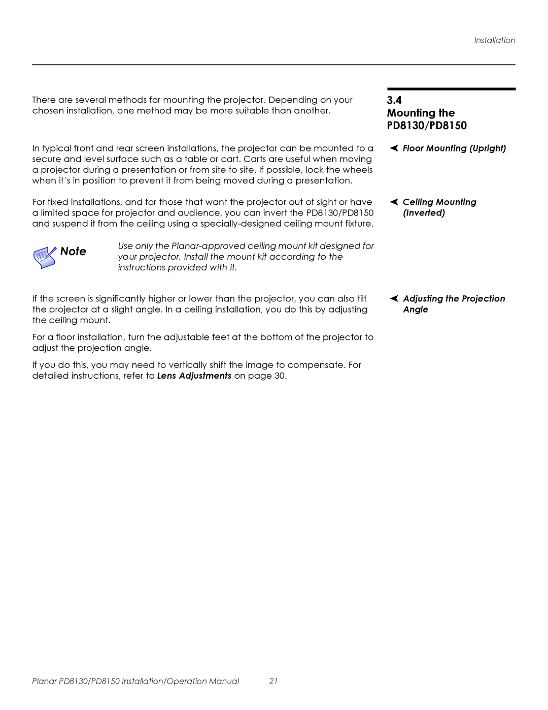 Planar operation manual Mounting the PD8130/PD8150 