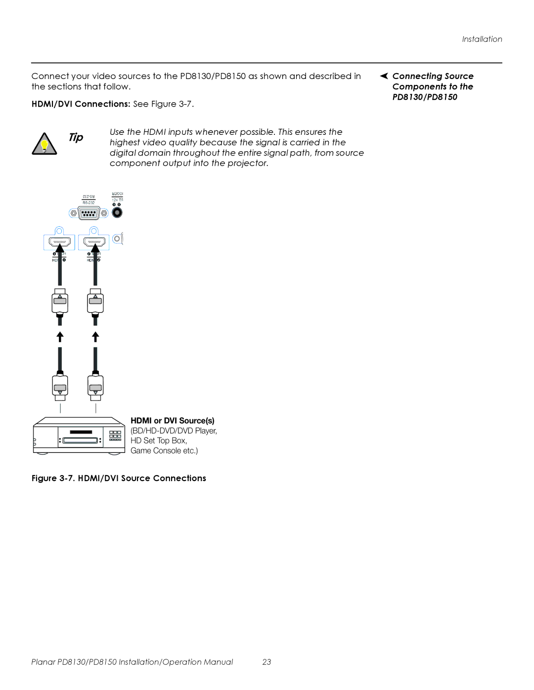 Planar operation manual HDMI/DVI Connections See Figure, Connecting Source Components to the PD8130/PD8150 