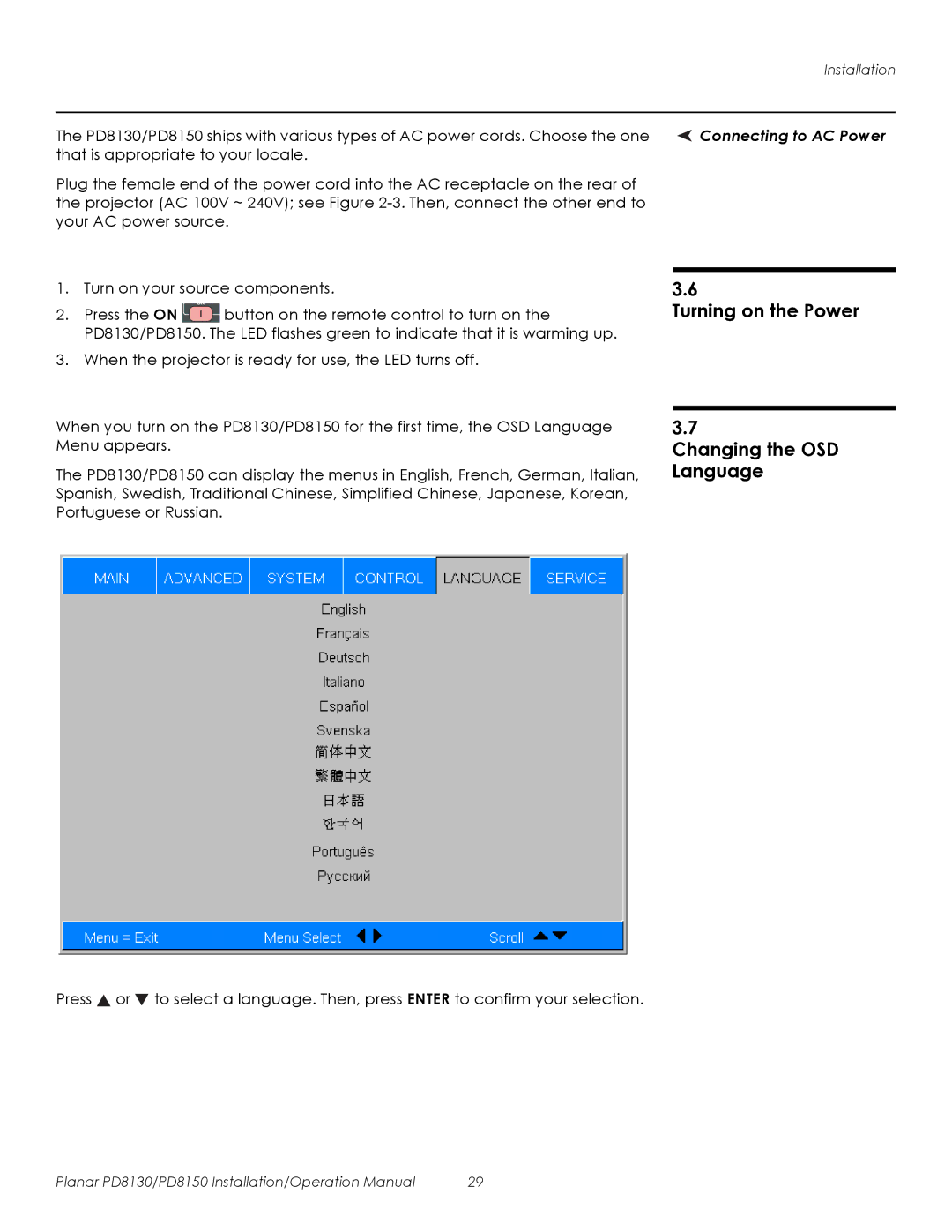 Planar PD8130, PD8150 operation manual Turning on the Power Changing the OSD Language, Connecting to AC Power 