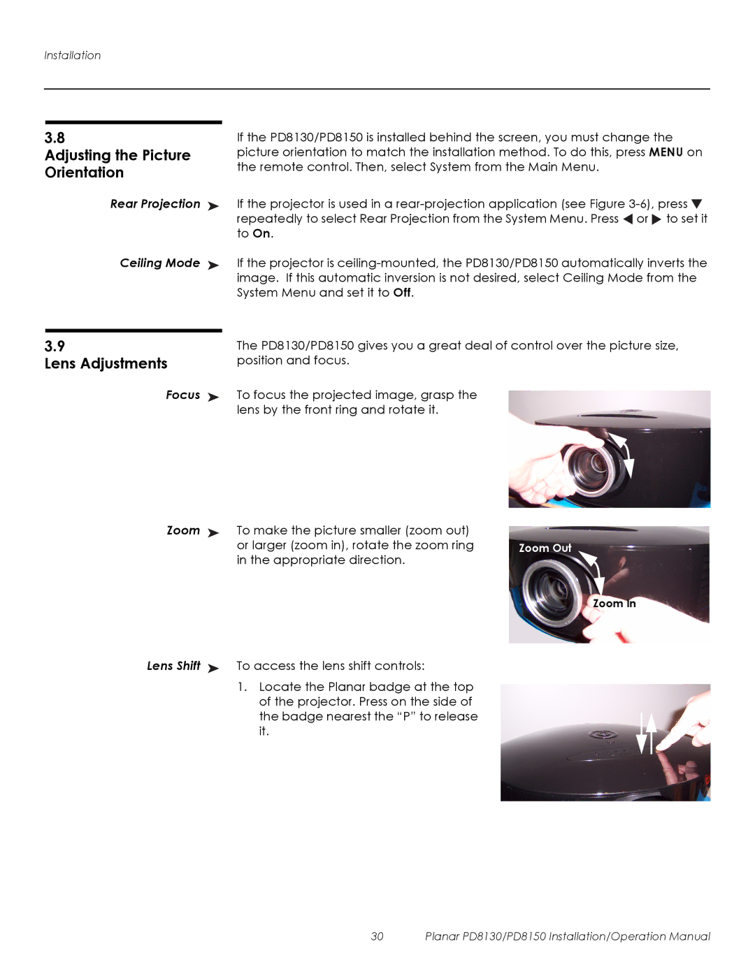 Planar PD8150, PD8130 operation manual Adjusting the Picture, Orientation, Lens Adjustments 