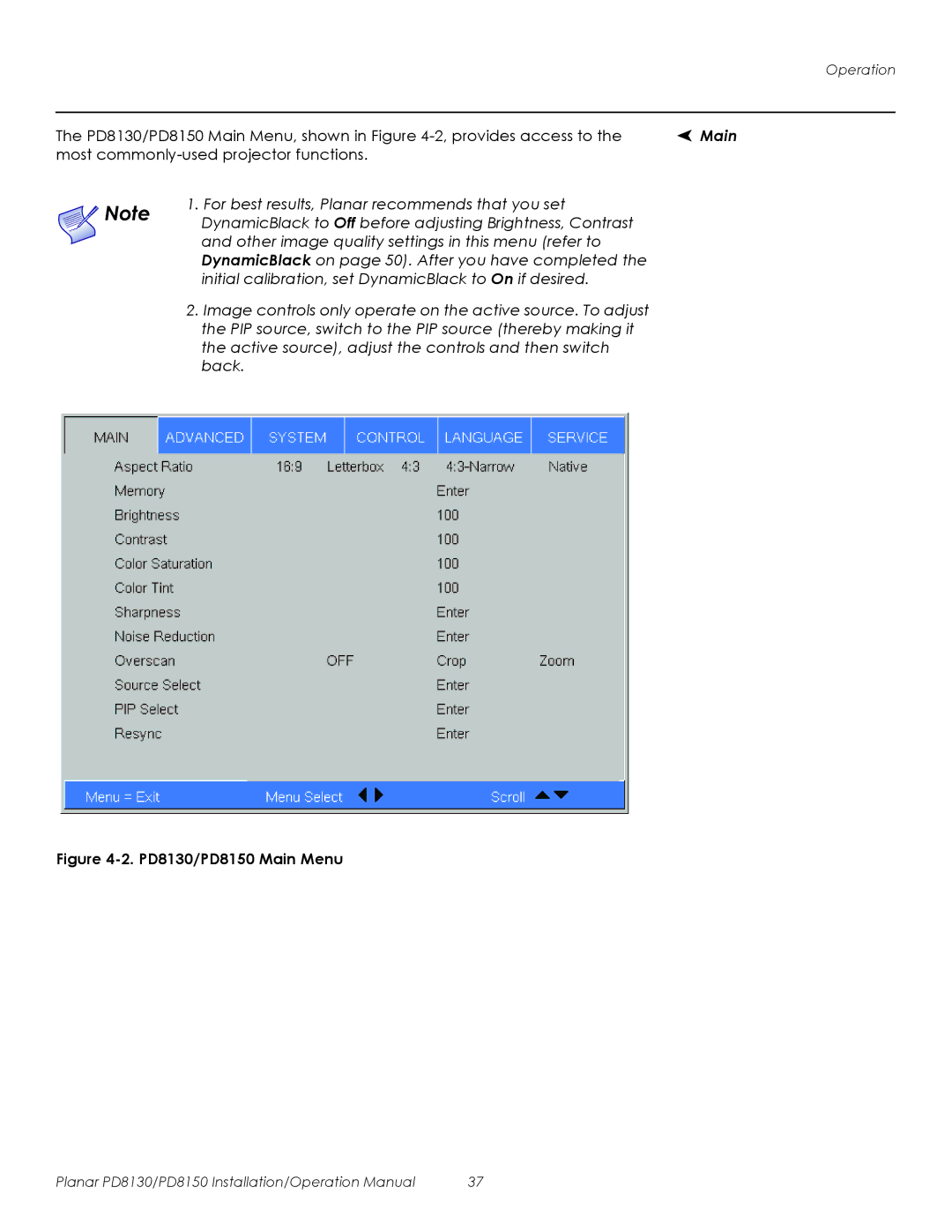 Planar operation manual PD8130/PD8150 Main Menu 