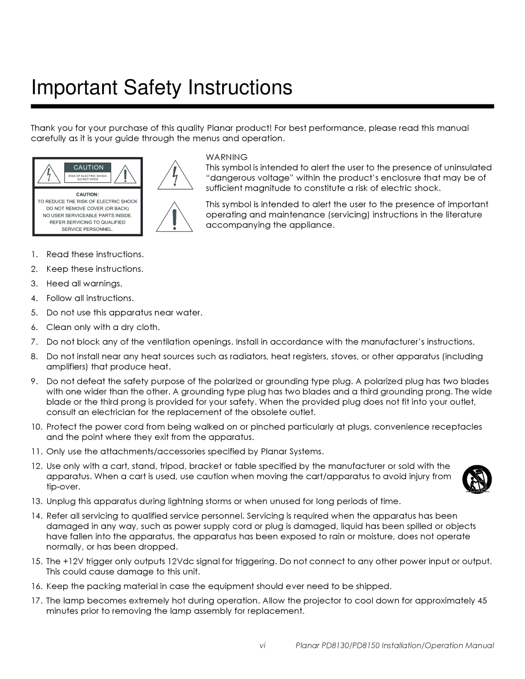 Planar PD8150, PD8130 operation manual Important Safety Instructions 