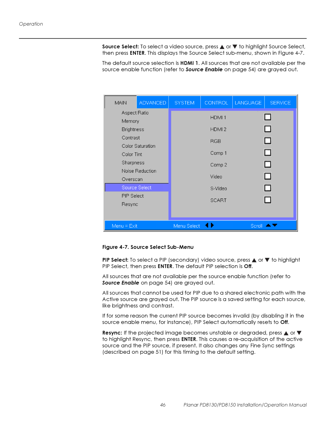 Planar PD8150, PD8130 operation manual Source Select Sub-Menu 