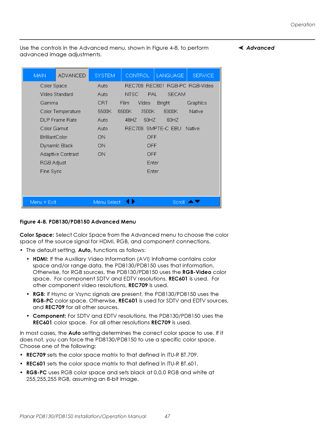 Planar operation manual PD8130/PD8150 Advanced Menu 