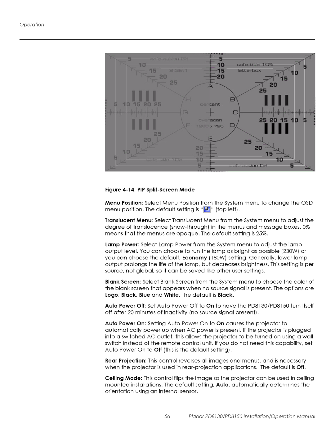 Planar PD8150, PD8130 operation manual PIP Split-Screen Mode 