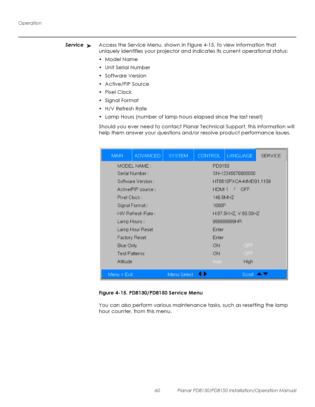 Planar operation manual 15. PD8130/PD8150 Service Menu 