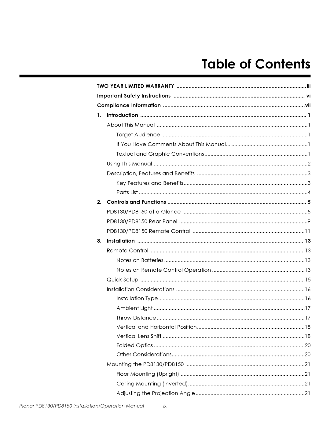 Planar PD8130, PD8150 operation manual Table of Contents 